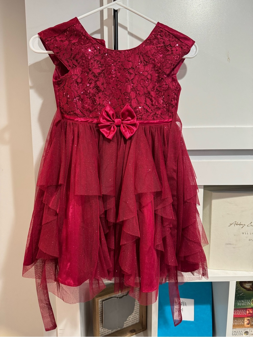 Jona Michelle Girls Glitter Lace Bow Tiered Party Dress - Red
